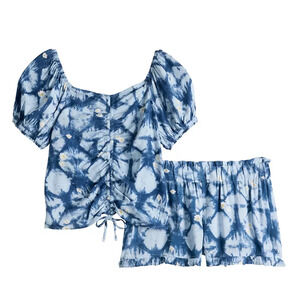 SO Girls Puff Sleeve Top & Ruffled Shorts Set Size 14/16 Blue Dye NWT